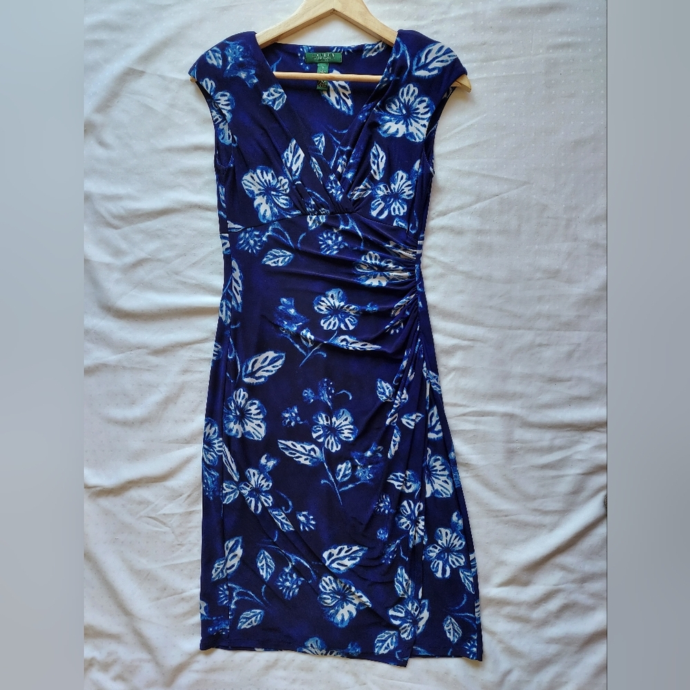 Lauren Ralph Lauren Blue Sheath Midi Dress with Ruched Wrap